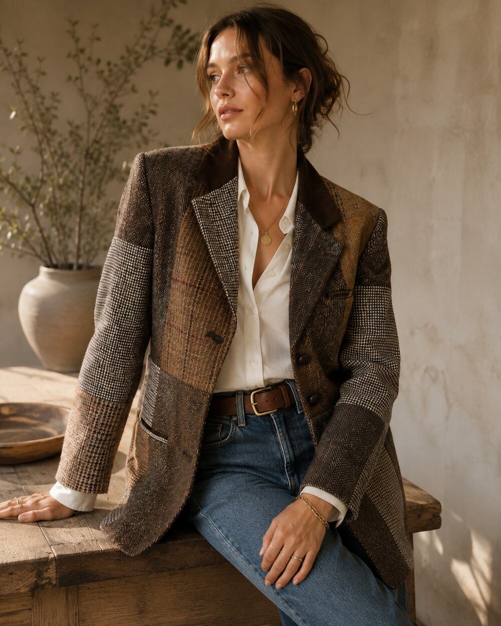 Vintage Brown Patchwork Tweed Blazer